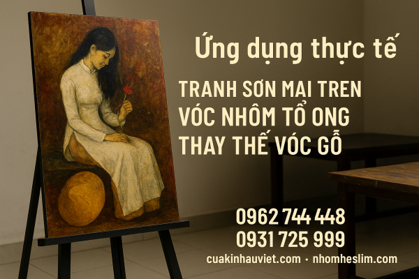 Tranh sơn mài hoàn thiện trưng bày trên vóc nhôm tổ ong với thông tin liên hệ cuakinhauviet.com và nhomheslim.com.